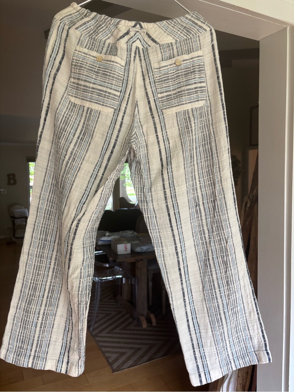 SUNDANCE BEACH PANTS-Cream and Navy Striped Drawstring Pants, 100% cotton - Picture 2 of 7
